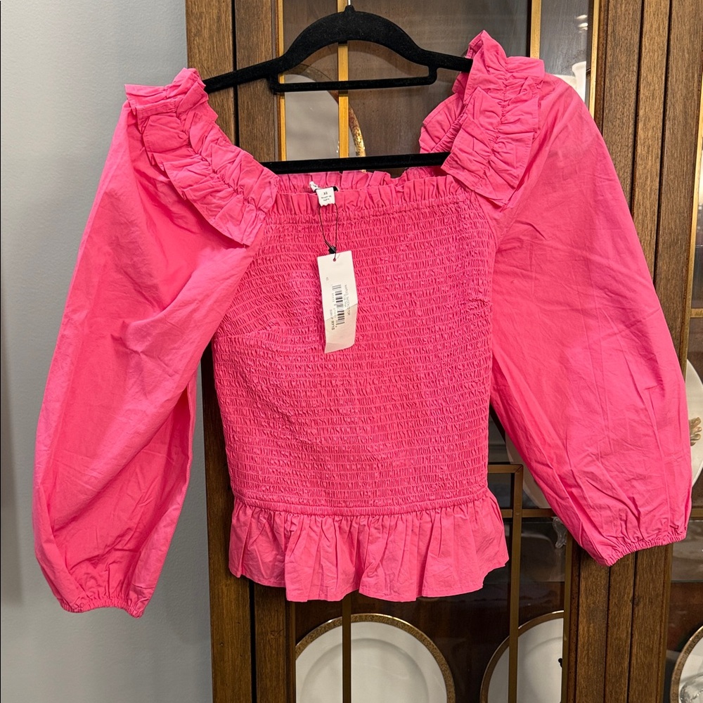 The Drop Smocked Square-Neck Ruffle Puff-Sleeve Blouse in Hot Pink